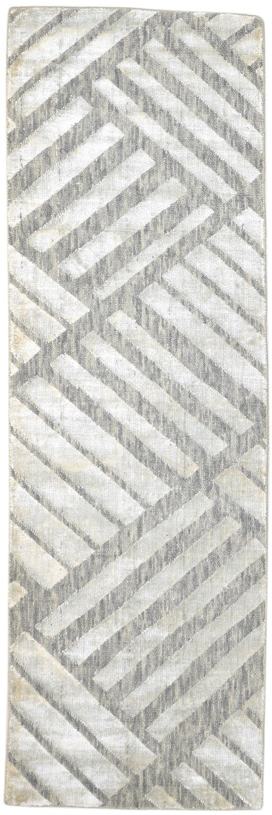 Jacquard Loom Grey Wool Silk Rug 2X7 Modern Scandinavian Geometric Small Runner 