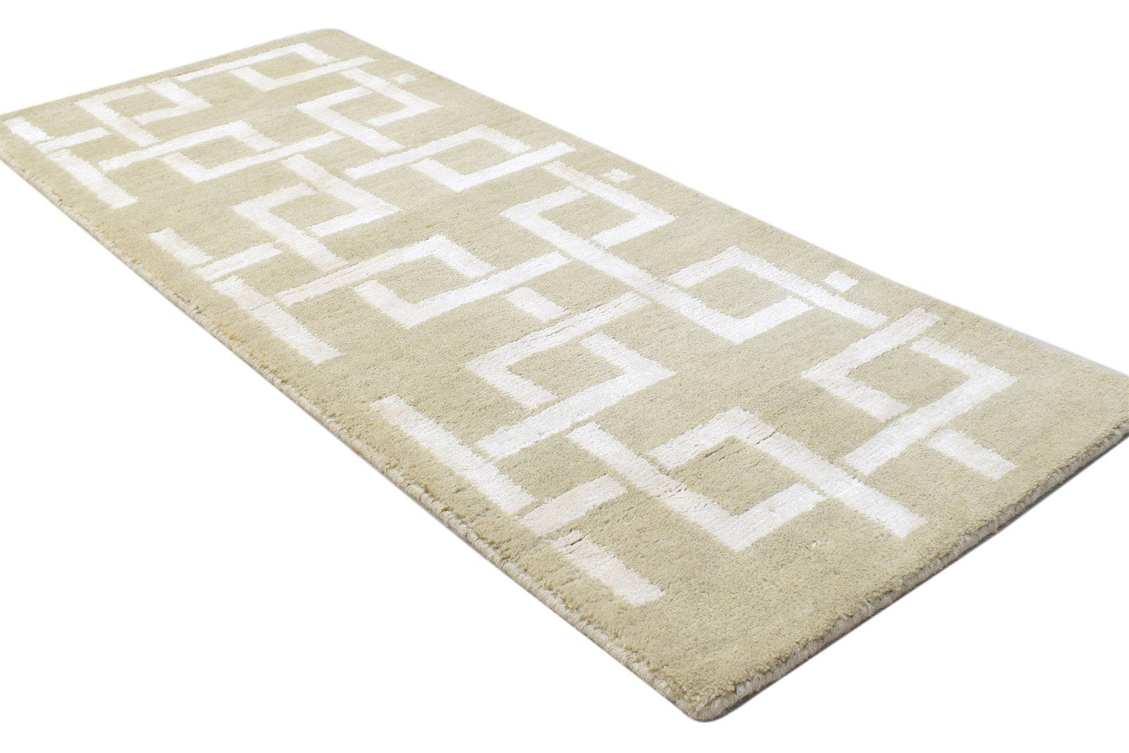 2X4 Rug Wool Silk Beige Modern Jacquard Loom Scandinavian Geometric Small 