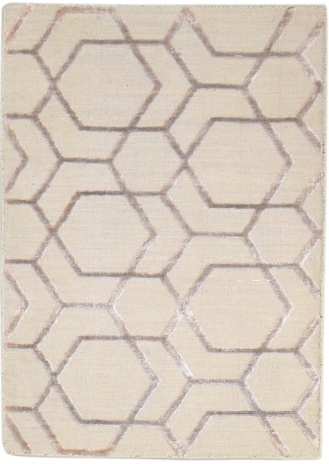 Jacquard Loom Beige Wool Silk Rug 2X3 Modern Scandinavian Geometric Small 