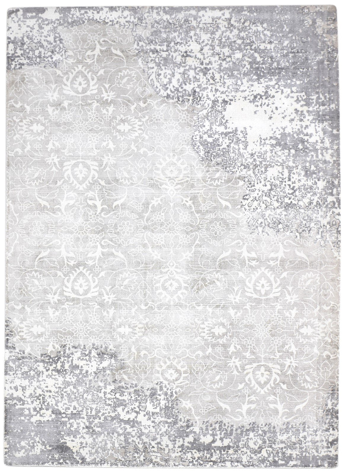 Handloom Grey Silk Rug 5' X 7' Modern Scandinavian Floral Room Size Carpet 