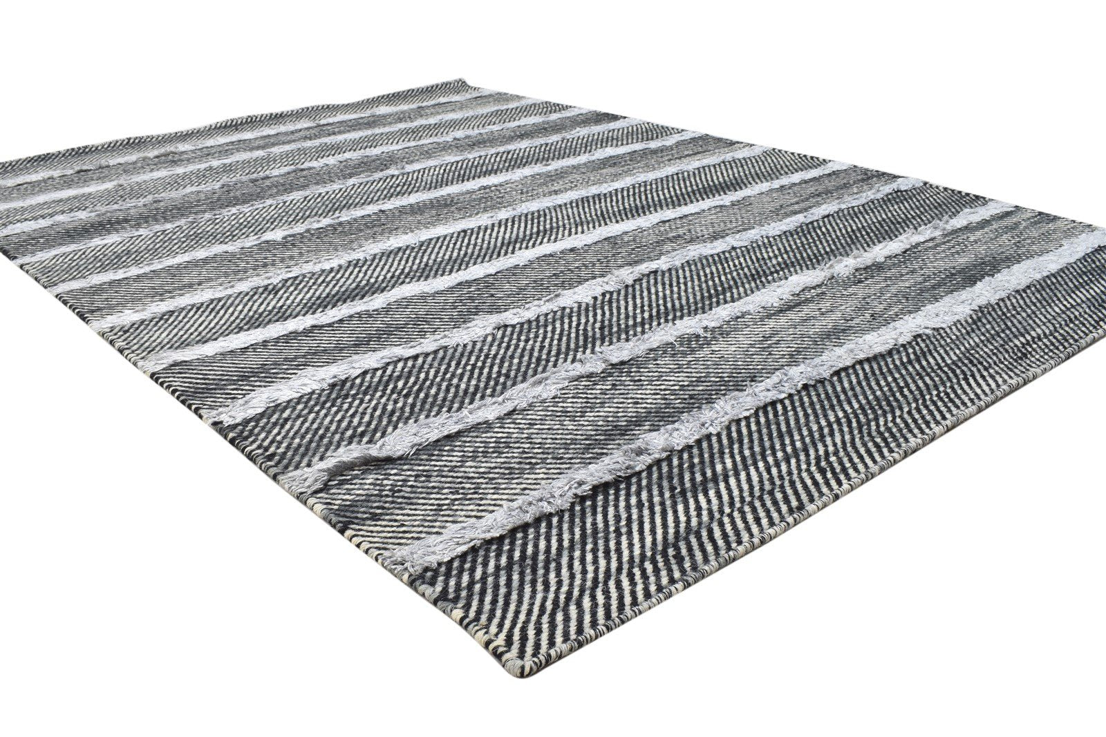 Dhurrie Black Wool / Silk Rug 5X7 Modern Scandinavian Striped Room Size Carpet  Area Rug 