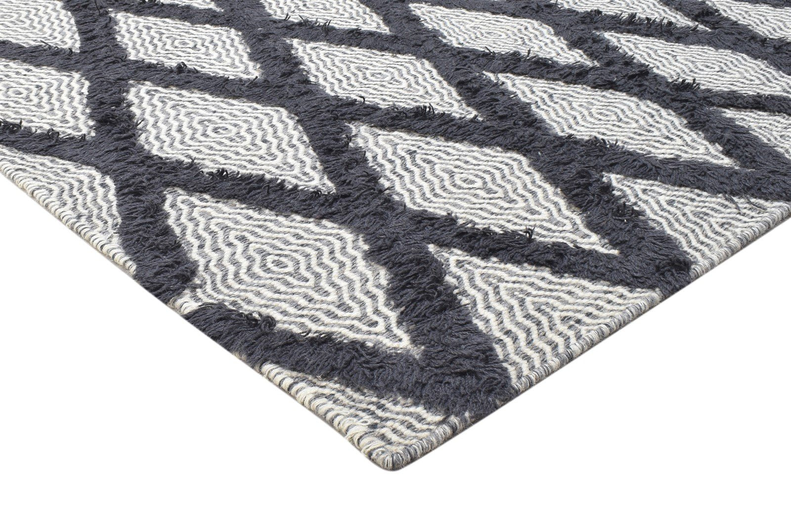 Wool Black Rug 5' X 8' Modern Dhurrie Moroccan Trellis Room Size Carpet 