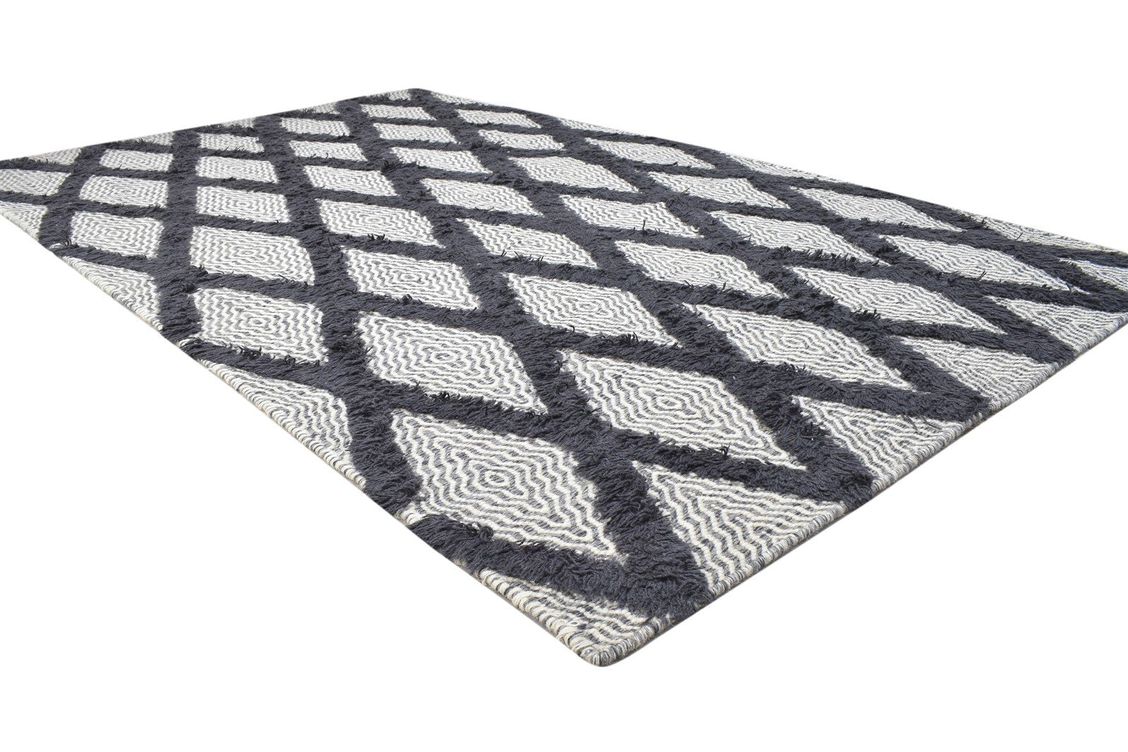 Wool Black Rug 5' X 8' Modern Dhurrie Moroccan Trellis Room Size Carpet 