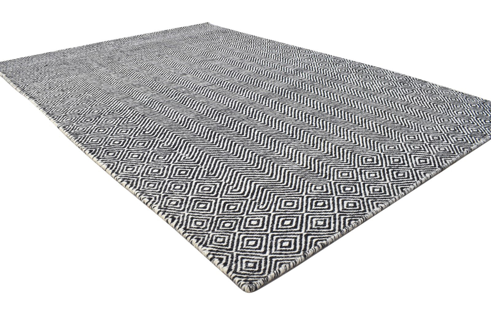 Black Wool Rug 4' X 6' Modern Dhurrie Scandinavian Trellis Room Size Carpet 