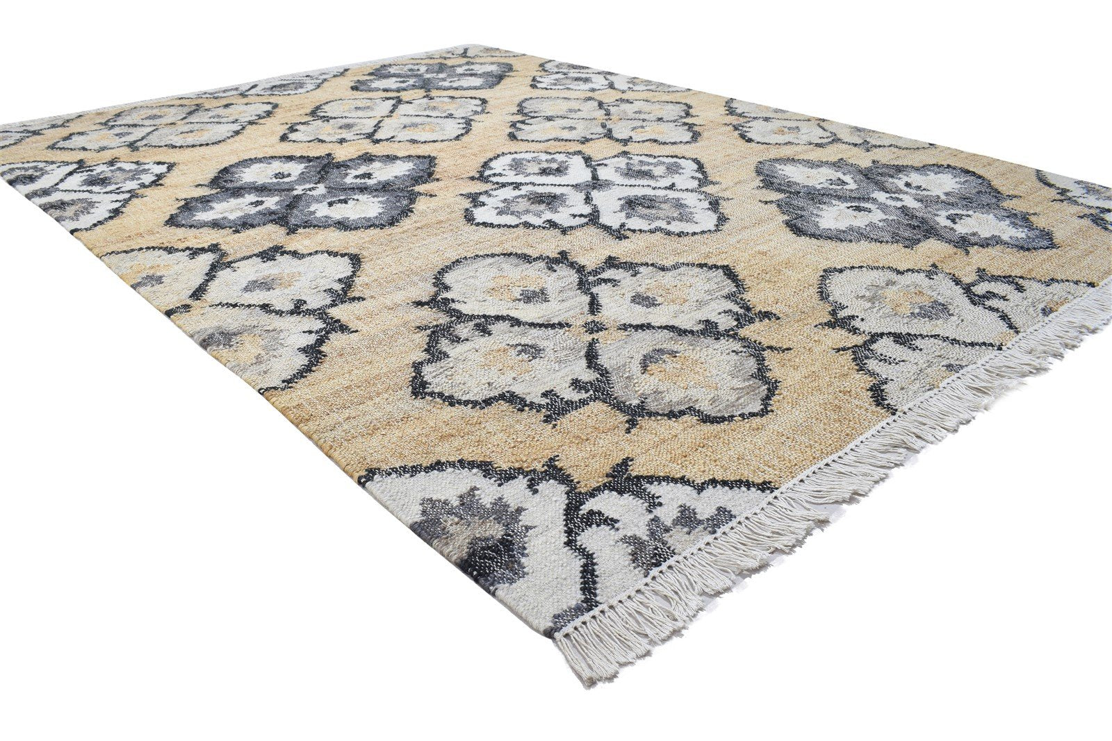 6' X 7' Rug Wool / Jute Beige Modern Dhurrie French Damask Room Size Carpet 