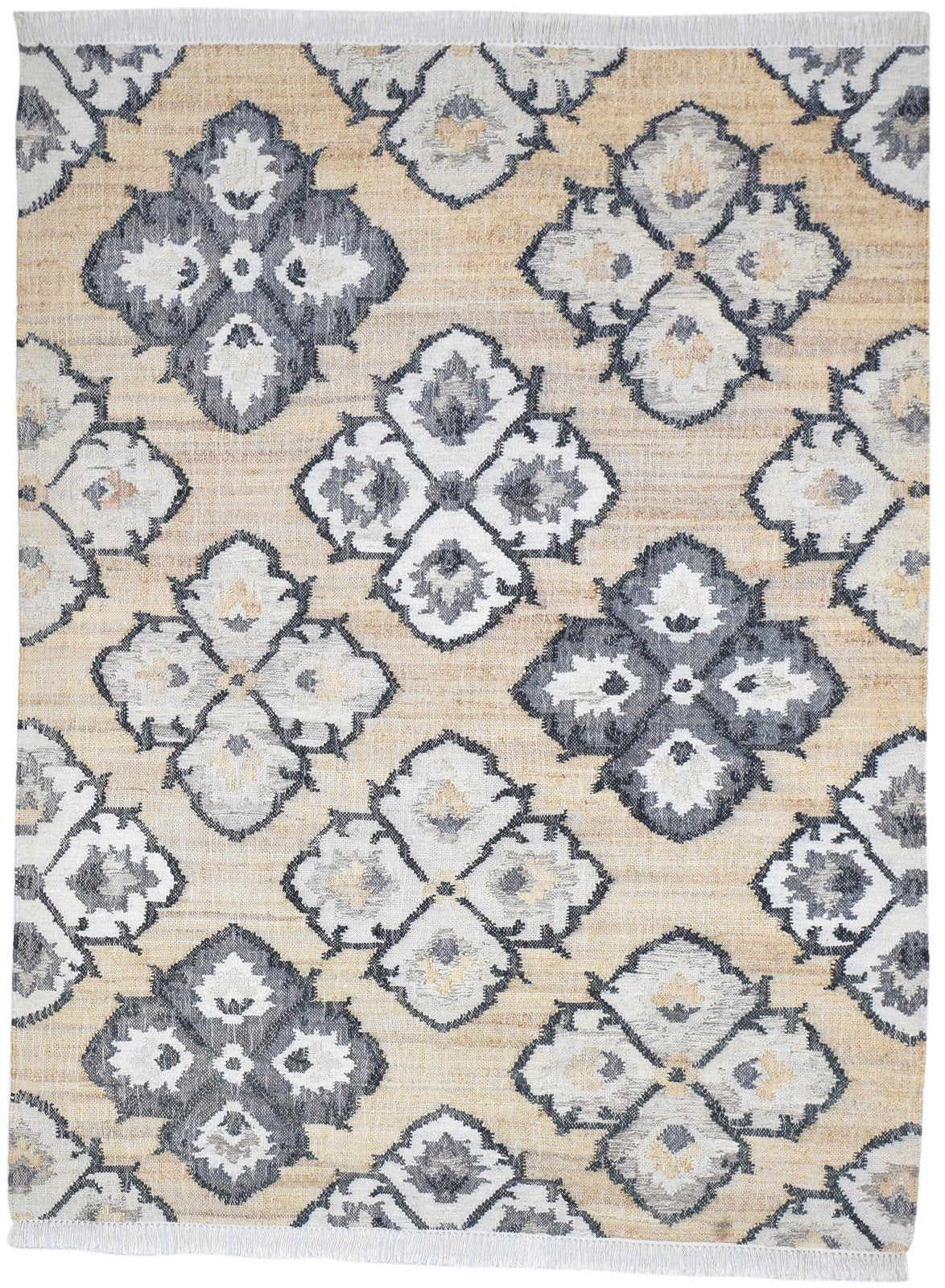 6' X 7' Rug Wool / Jute Beige Modern Dhurrie French Damask Room Size Carpet 