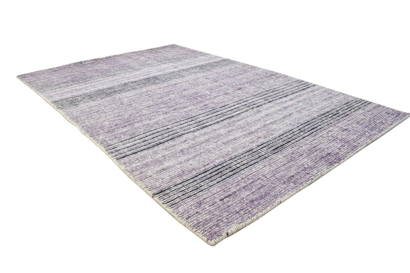 Handloom Purple Wool / Silk Rug 4X6 Modern Scandinavian Striped Room Size 