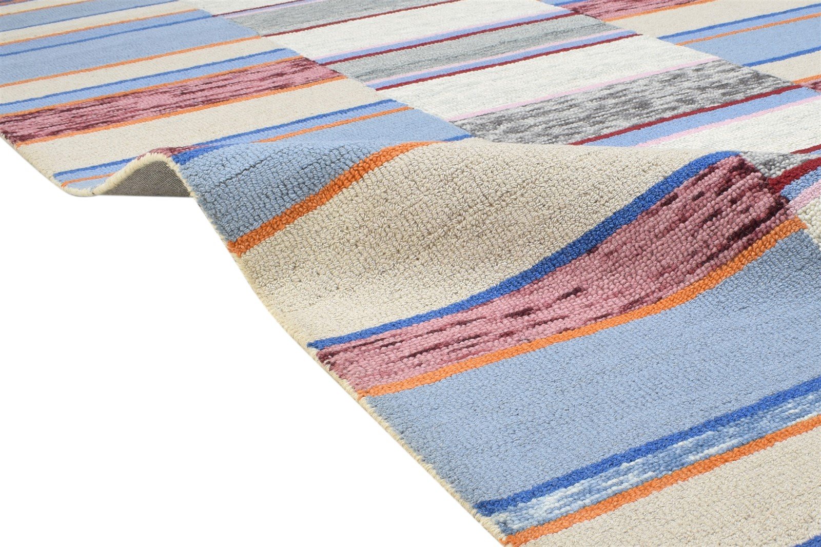 Hand Tufted Blue Wool Rug 5' X 8' Modern Scandinavian Striped Room Size Carpet 