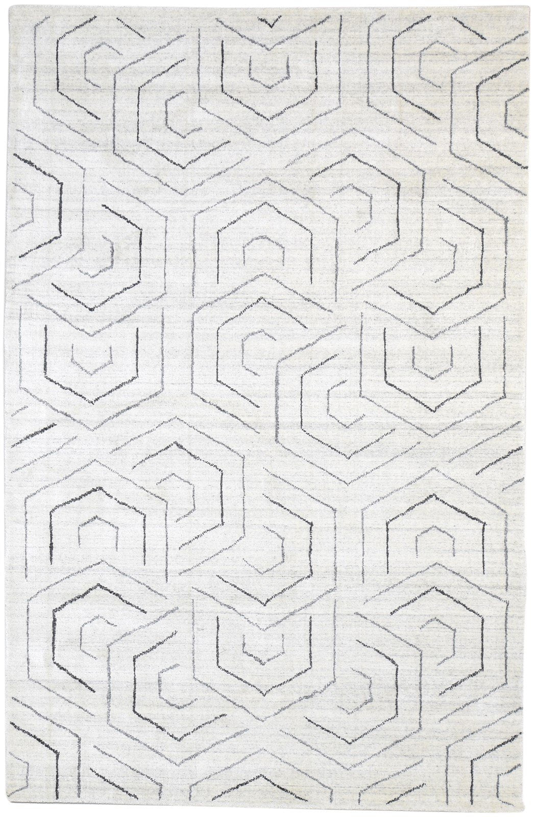 Hand Woven Grey Silk Rug 5' X 8' Modern Scandinavian Geometric Room Size Carpet 