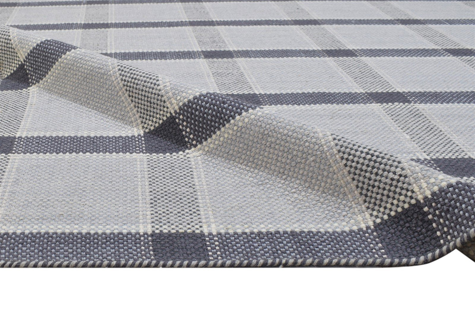 Dhurrie Grey Wool Rug 5' X 8' Modern Scandinavian Plaids Room Size Carpet 