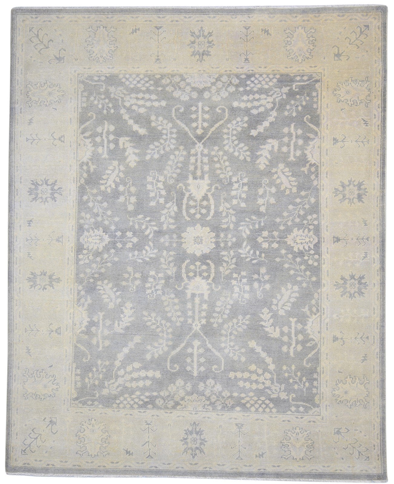 Grey Wool Rug 8' X 10' Persian Hand Knotted Sarouk-Indian Oriental Large Carpet 