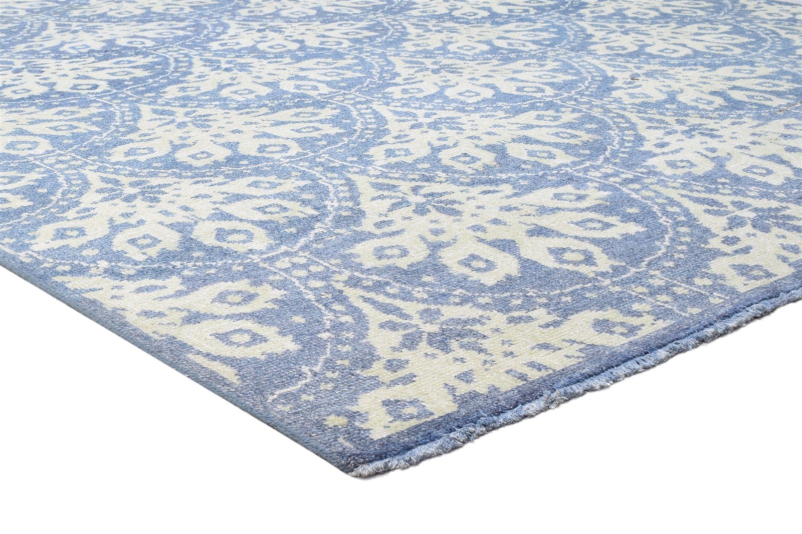 Blue Wool Rug 8' X 10' Modern Hand Knotted Moroccan Damask Large Carpet 