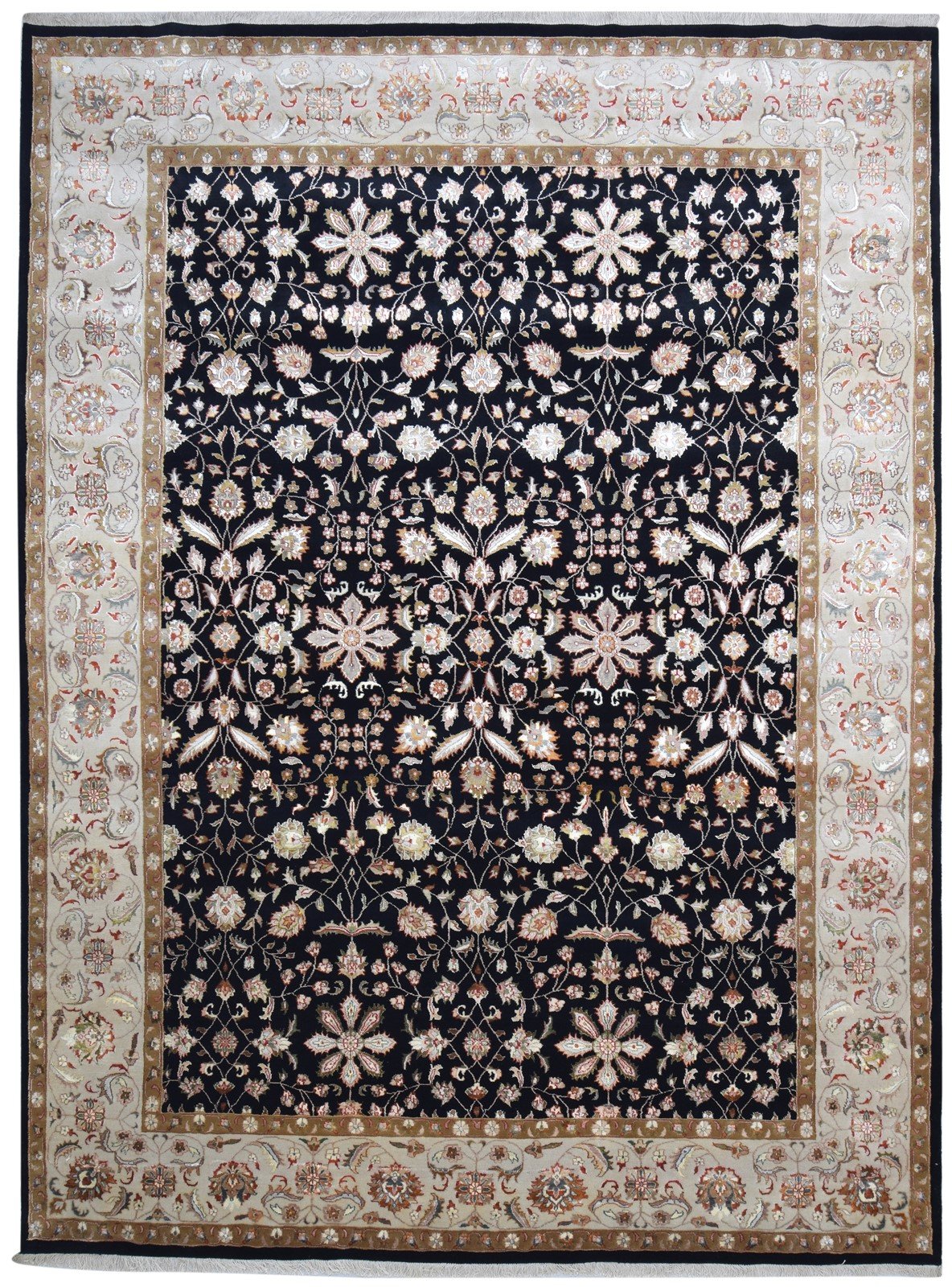 Wool / Silk Black Rug 9X12 Persian Hand Knotted Sarouk-Indian Oriental Large 