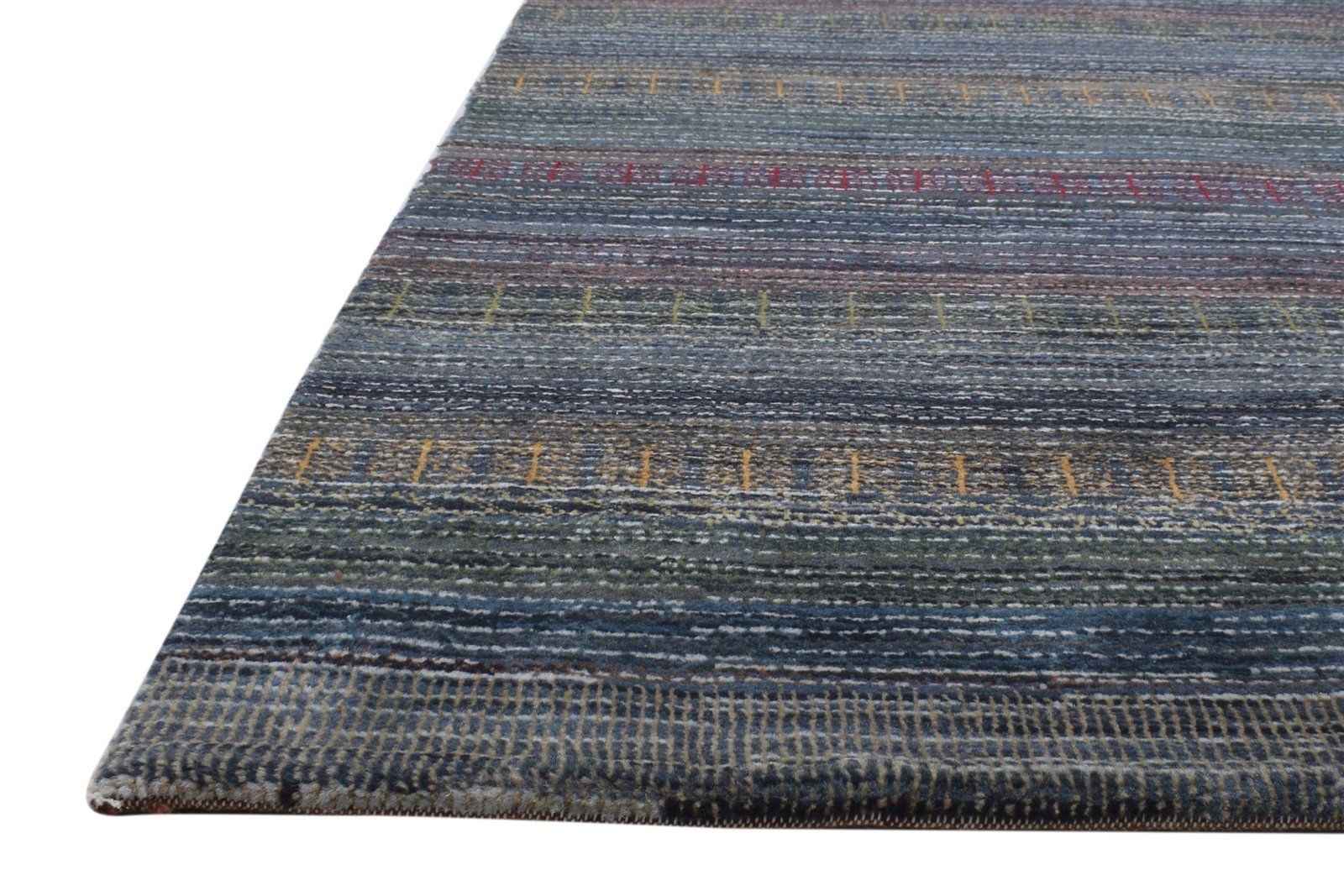 Wool Blue Rug 4' X 5' Modern Hand Knotted Bohemian Striped Room Size Carpet 