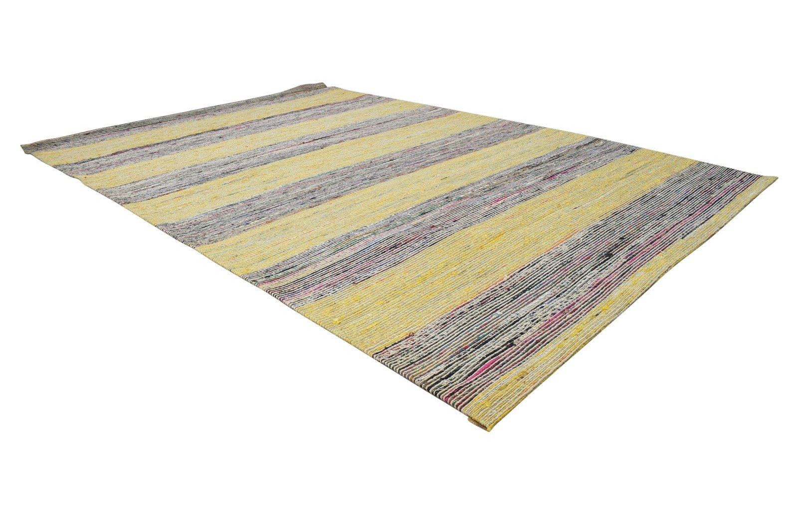 100% Wool / Art Silk Yellow Rug 5X7 Modern Jacquard Loom Bohemian Striped Room Size 