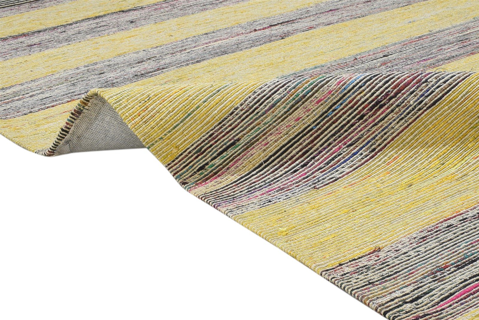 100% Wool / Art Silk Yellow Rug 5X7 Modern Jacquard Loom Bohemian Striped Room Size 