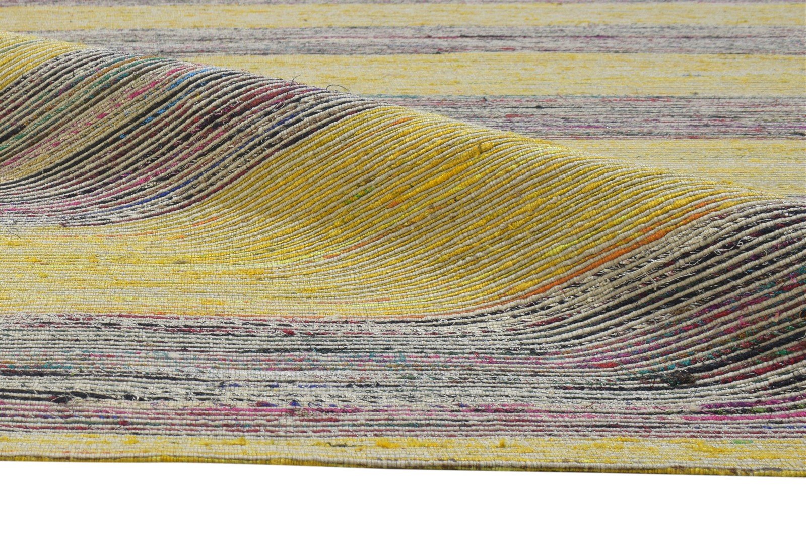 100% Wool / Art Silk Yellow Rug 5X7 Modern Jacquard Loom Bohemian Striped Room Size 