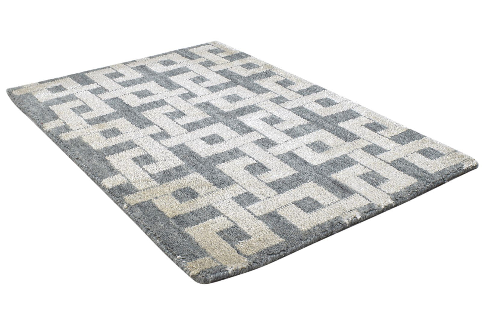 Jacquard Loom Dark Grey Silk Rug 2X3 Modern Scandinavian Geometric Small Carpet 