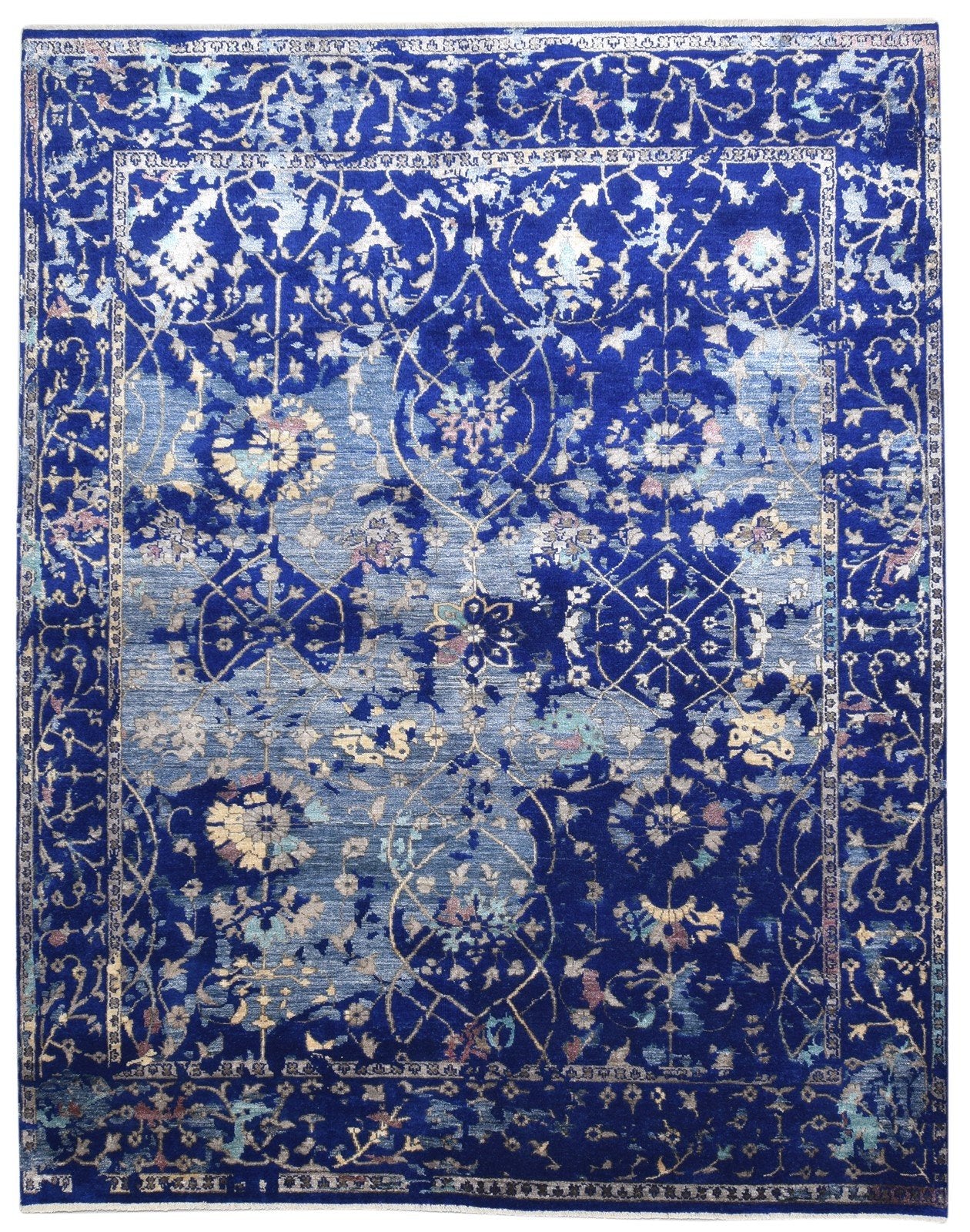 Blue Silk Rug 8' X 10' Persian Hand Knotted Kashan Abstract Large Carpet 