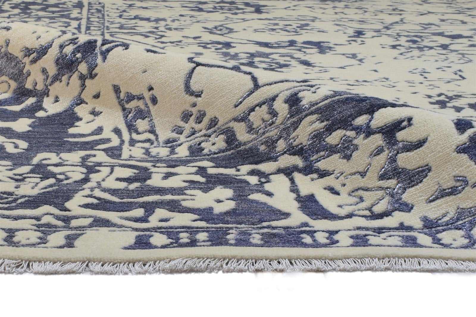 Hand Knotted Blue Wool / Silk Rug 8' X 10' Persian Oushak Abstract Large Carpet 