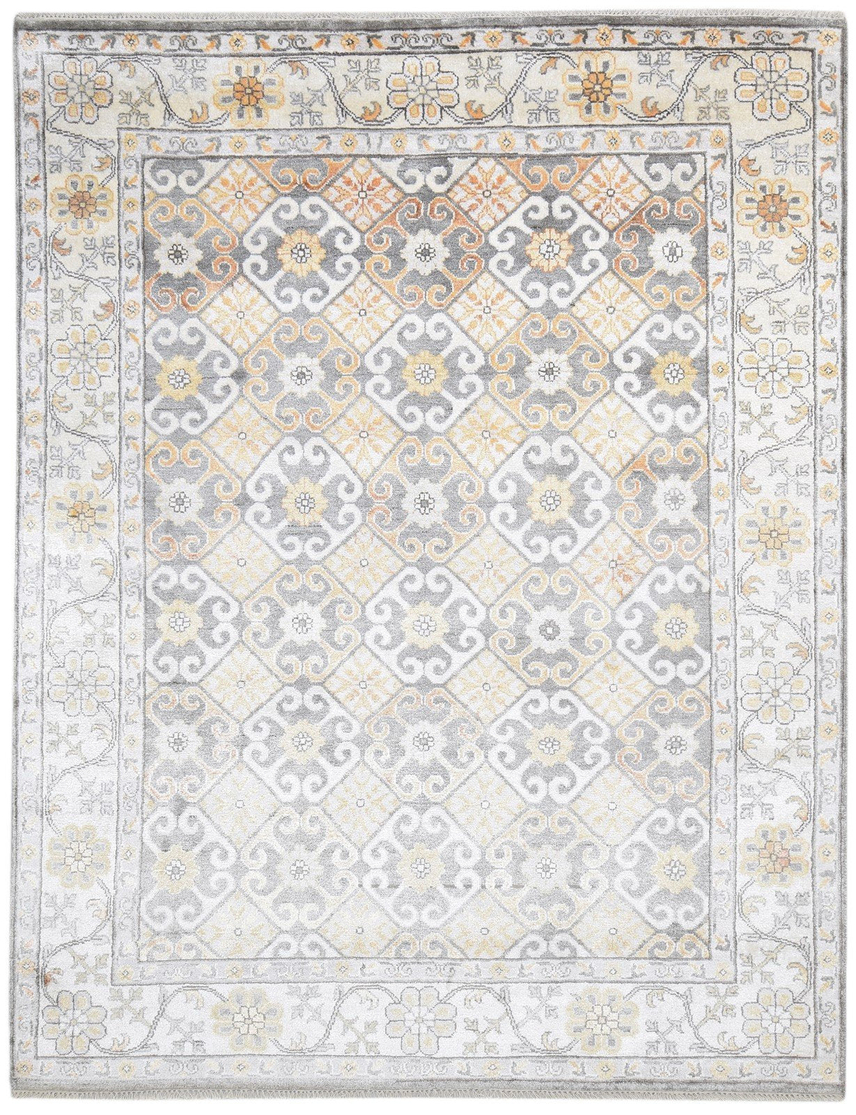 Grey Silk Rug 8' X 10' Persian Hand Knotted Mughal Oriental Large Carpet 