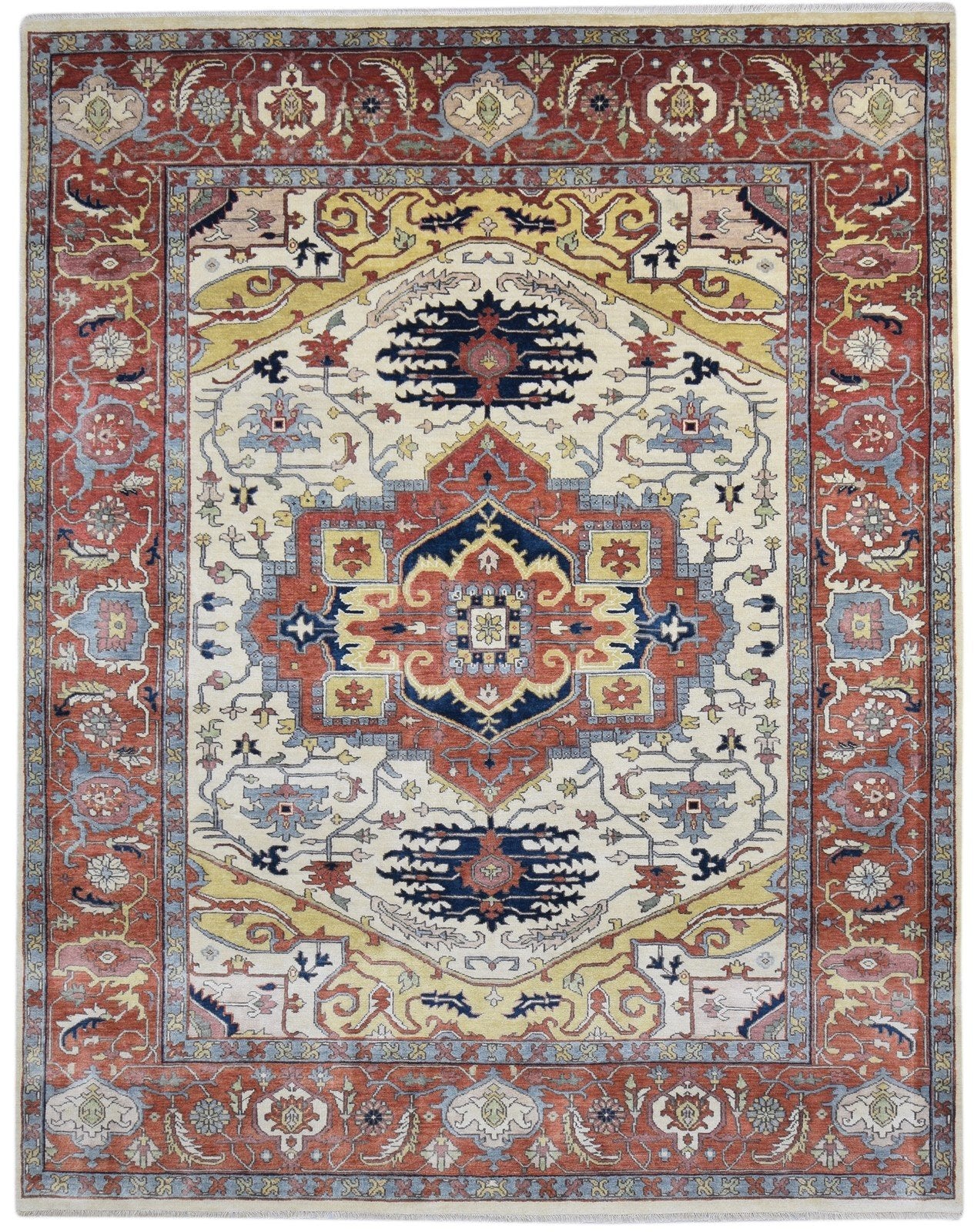 Hand Knotted Cream Wool Rug 8' X 10' Persian Serapi Oriental Large Carpet 