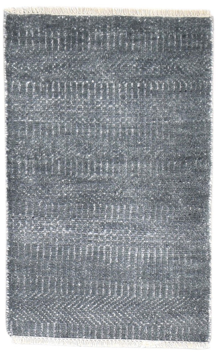 Wool / Silk Dark Grey Rug 2X3 Modern Hand Knotted Grass Trellis Small Rug 