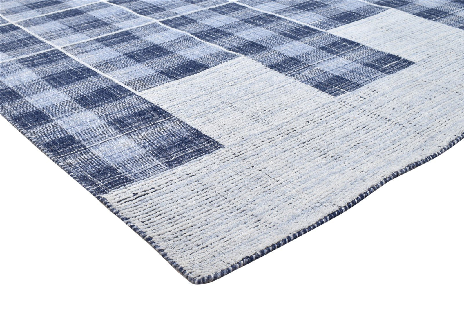 Blue Pet Yarn Rug 5' X 7' Modern Handloom Scandinavian Plaids Room Size Carpet 