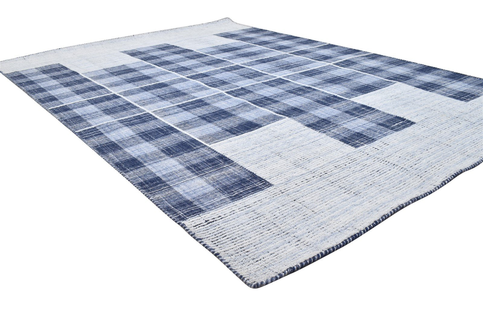 Blue Pet Yarn Rug 5' X 7' Modern Handloom Scandinavian Plaids Room Size Carpet 