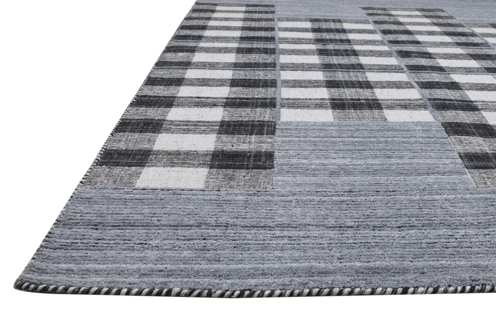 Black Pet Yarn Rug 5' X 8' Modern Handloom Scandinavian Plaids Room Size Carpet 