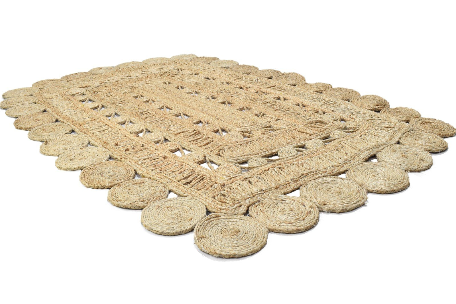 Jute Beige Rug 4' X 6' Modern Hand Woven Scandinavian Circles Room Size Carpet 