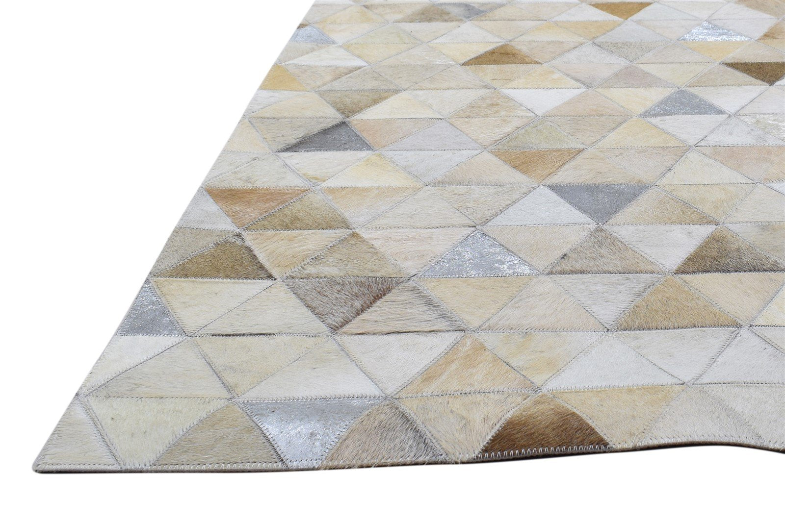 Hand Woven Beige Leather Rug 5X8 Modern Scandinavian Triangles Room Size Carpet 