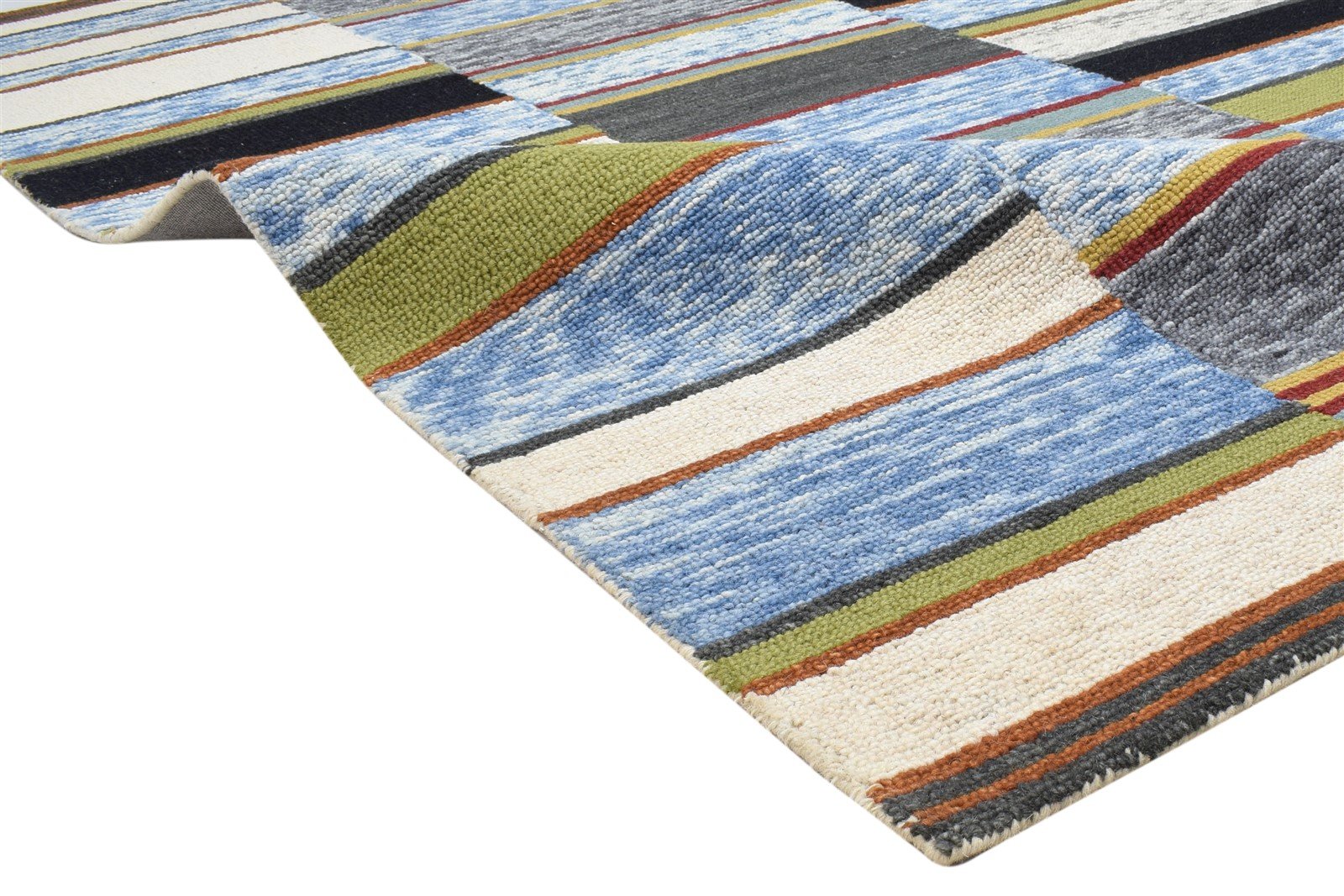 Hand Tufted Blue Wool Rug 5' X 8' Modern Bohemian Striped Room Size Carpet 