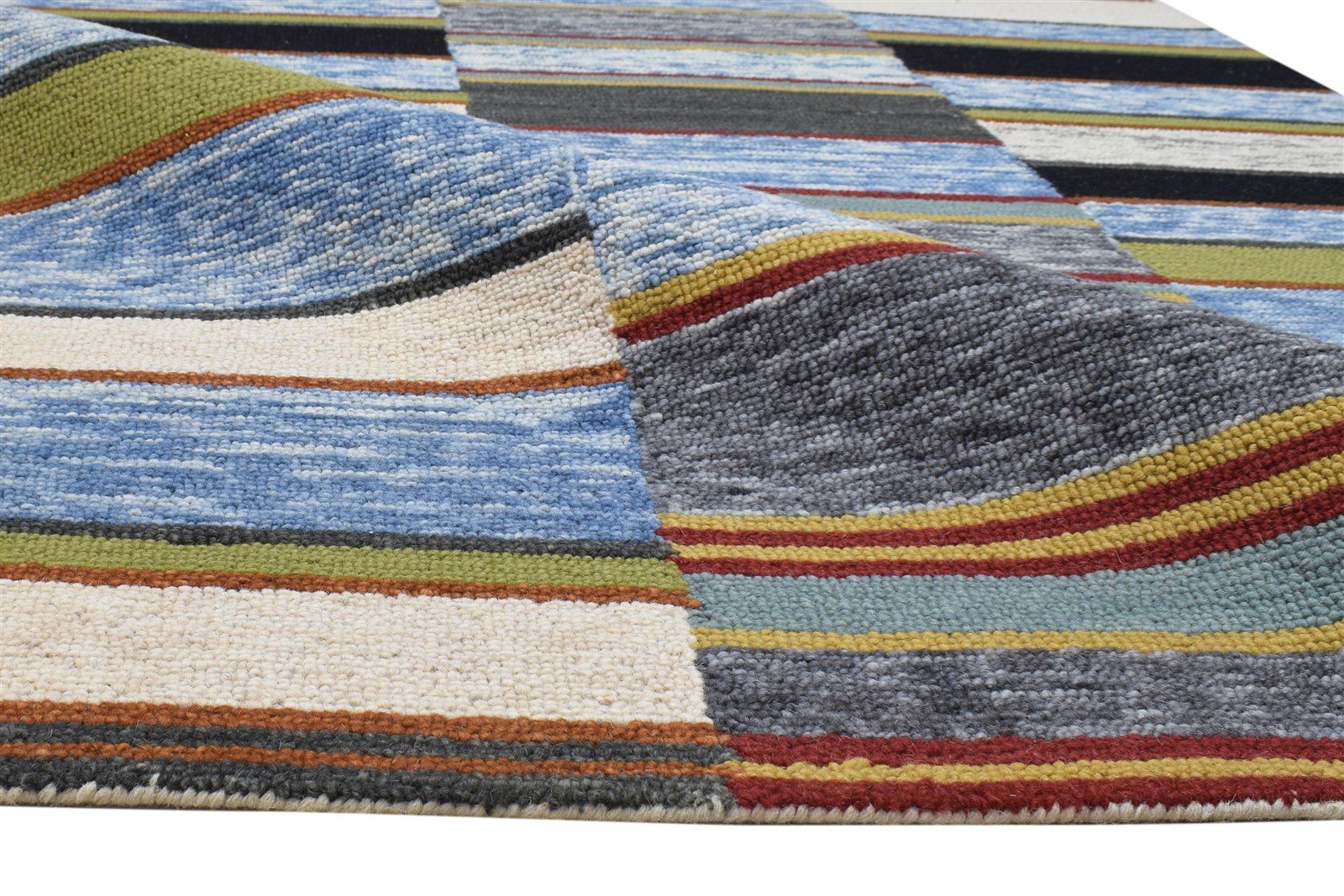 Hand Tufted Blue Wool Rug 5' X 8' Modern Bohemian Striped Room Size Carpet 