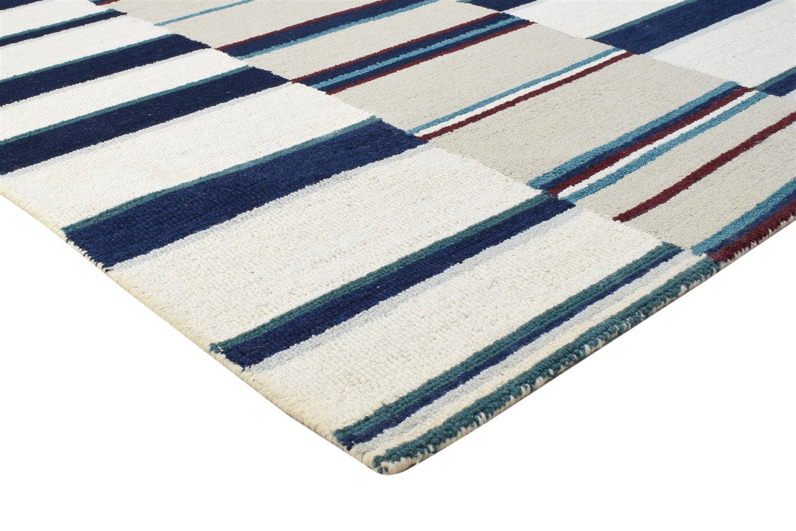 Hand Tufted Blue Wool Rug 5' X 8' Modern Scandinavian Striped Room Size Carpet 