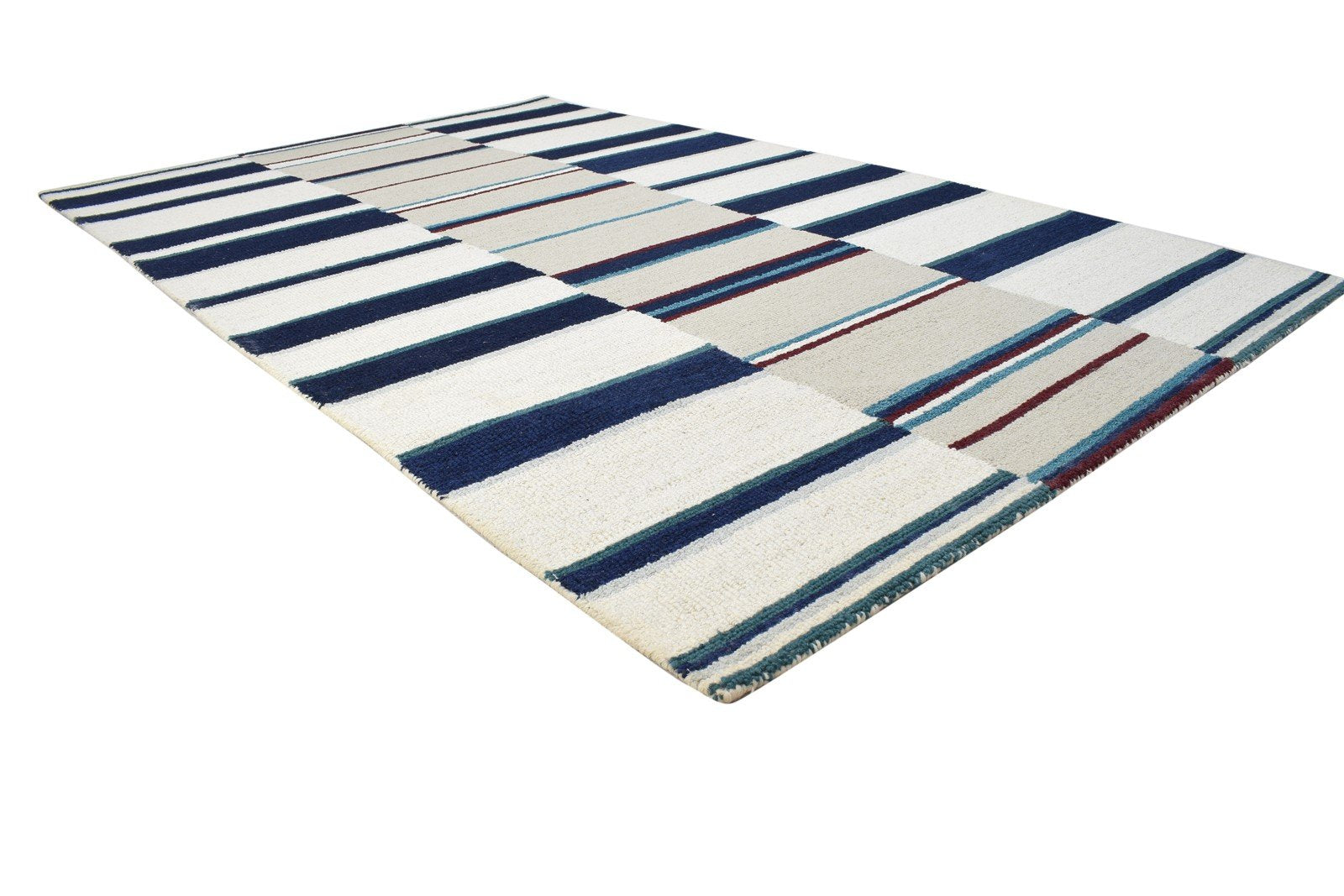 Hand Tufted Blue Wool Rug 5' X 8' Modern Scandinavian Striped Room Size Carpet 