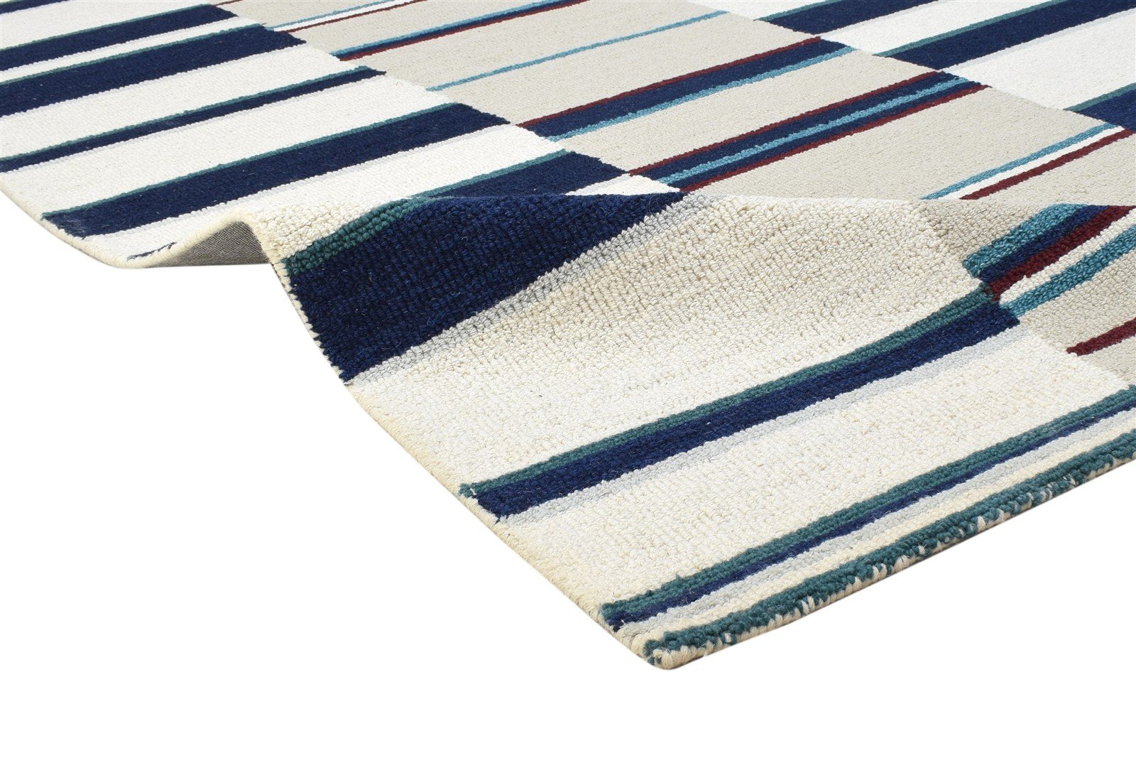 Hand Tufted Blue Wool Rug 5' X 8' Modern Scandinavian Striped Room Size Carpet 