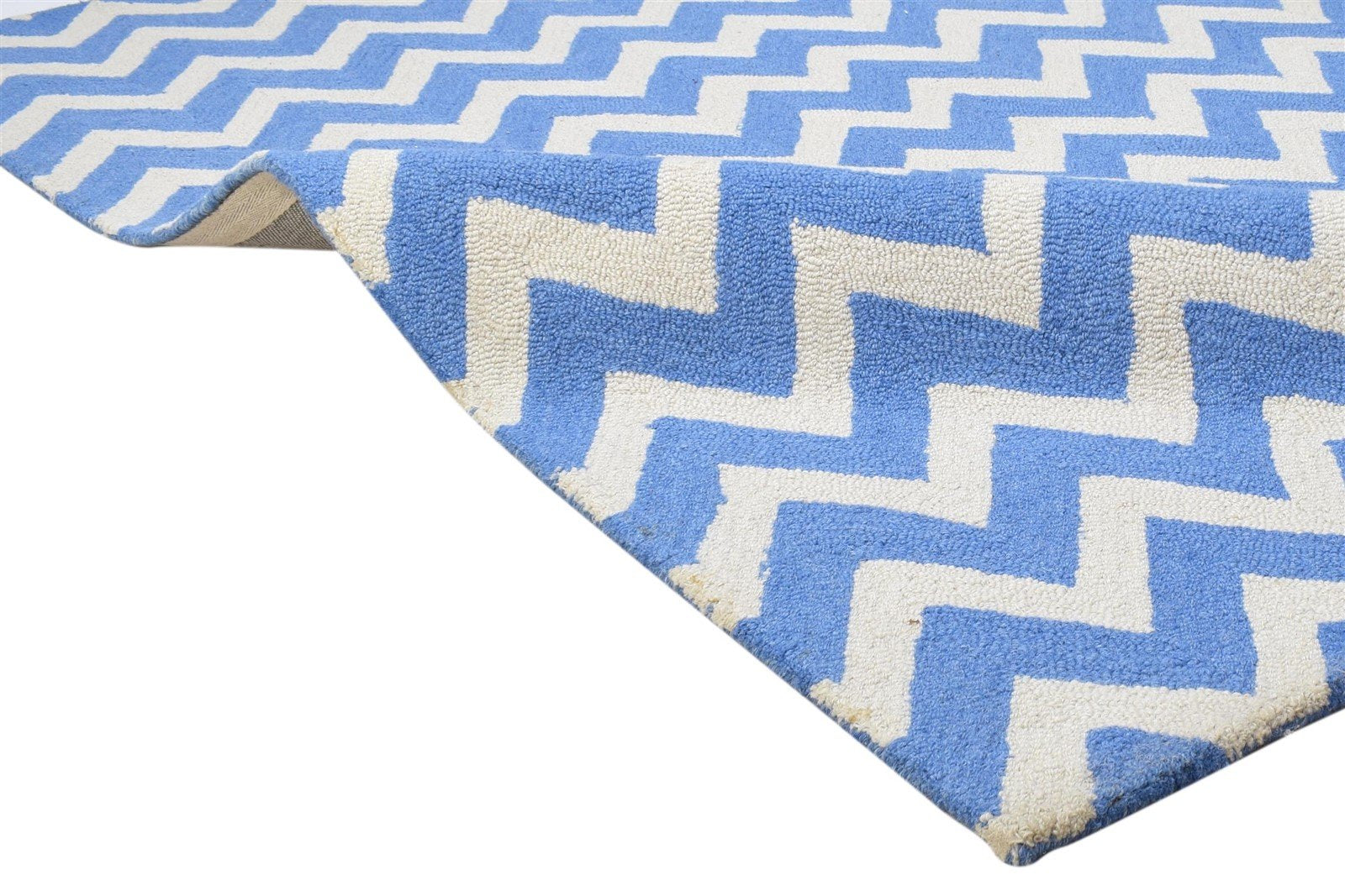 Wool Blue Rug 4' X 6' Modern Hand Tufted Scandinavian Chevron Room Size Carpet 