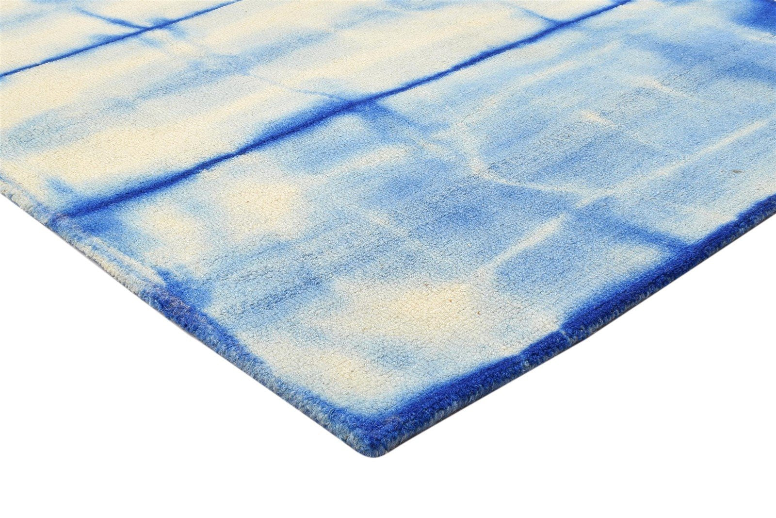 Hand Tufted Blue Wool Rug 4' X 6' Modern Shibori Tie Dye Room Size Carpet 