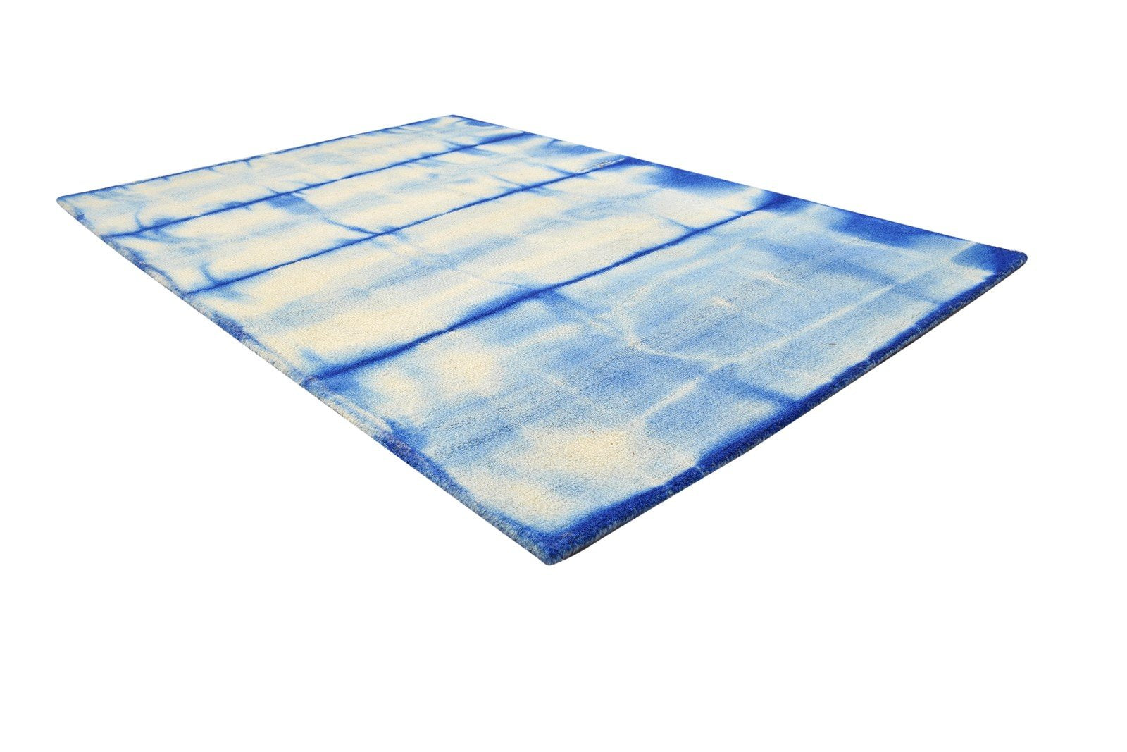 Hand Tufted Blue Wool Rug 4' X 6' Modern Shibori Tie Dye Room Size Carpet 