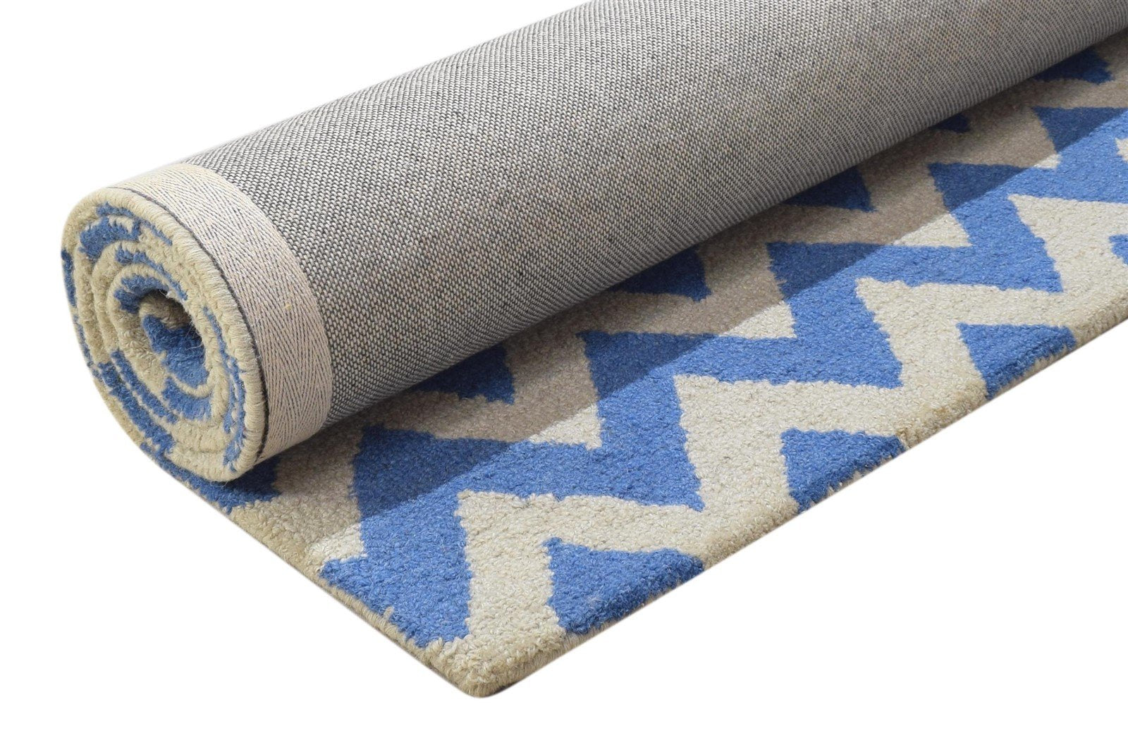 Blue Wool Rug 4' X 6' Modern Hand Tufted Scandinavian Chevron Room Size Carpet 