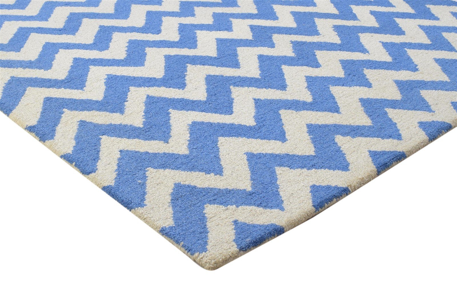 Blue Wool Rug 4' X 6' Modern Hand Tufted Scandinavian Chevron Room Size Carpet 