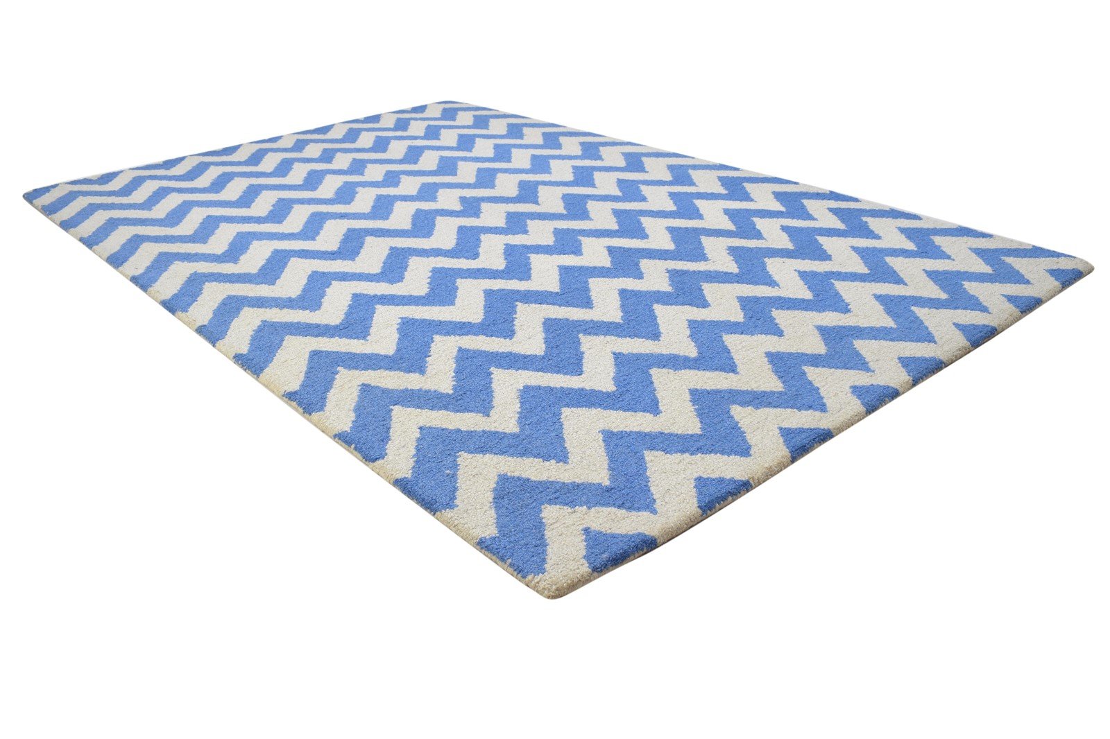 Blue Wool Rug 4' X 6' Modern Hand Tufted Scandinavian Chevron Room Size Carpet 