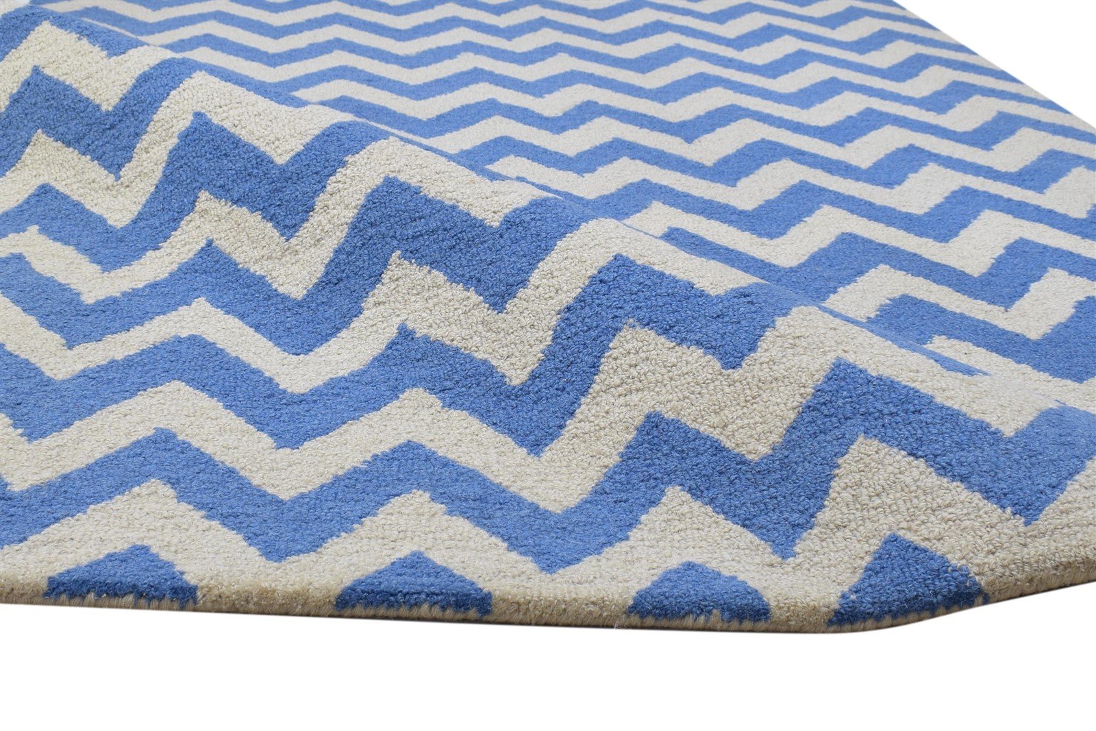 Blue Wool Rug 4' X 6' Modern Hand Tufted Scandinavian Chevron Room Size Carpet 