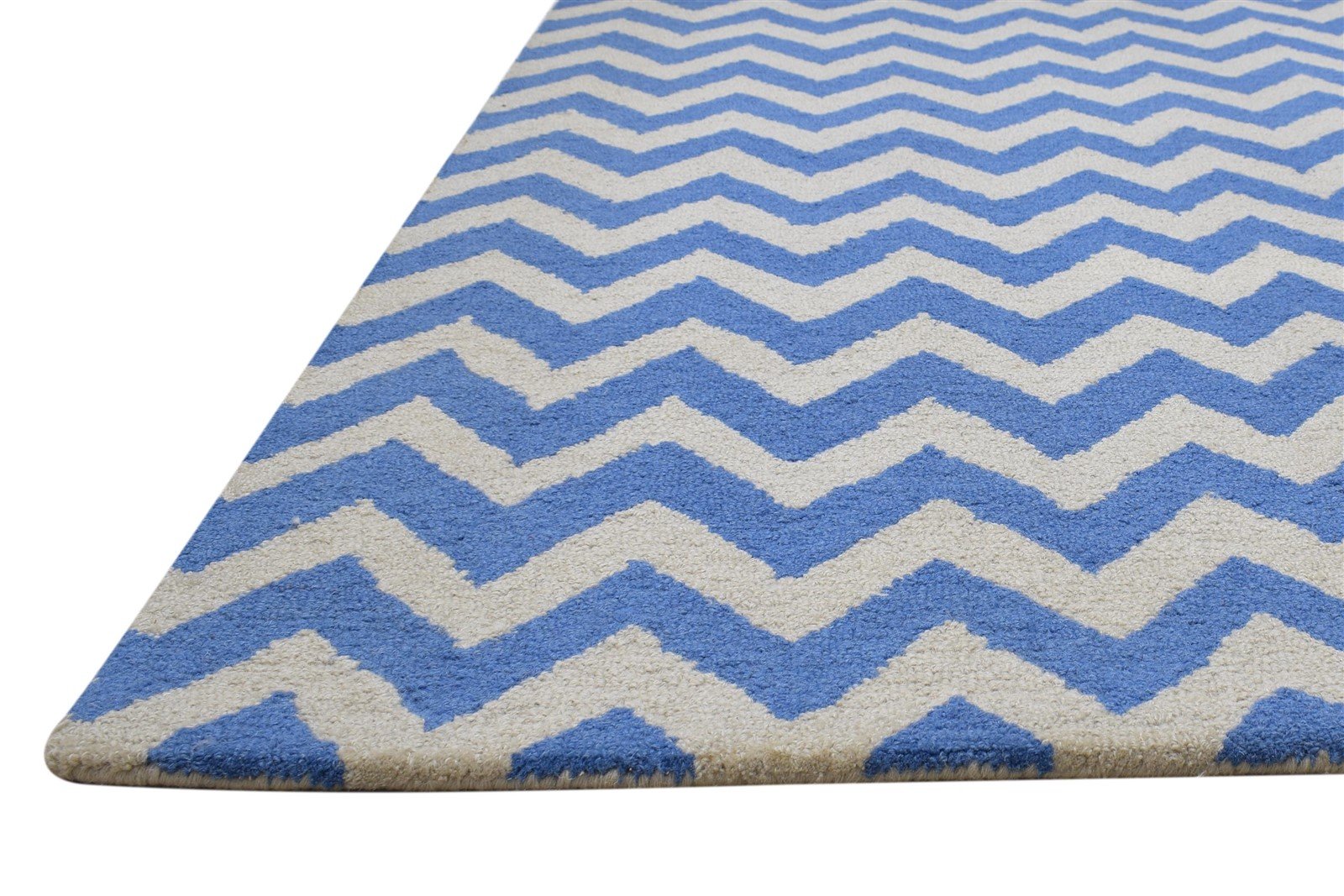 Blue Wool Rug 4' X 6' Modern Hand Tufted Scandinavian Chevron Room Size Carpet 