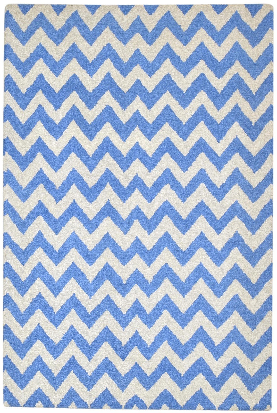 Blue Wool Rug 4' X 6' Modern Hand Tufted Scandinavian Chevron Room Size Carpet 