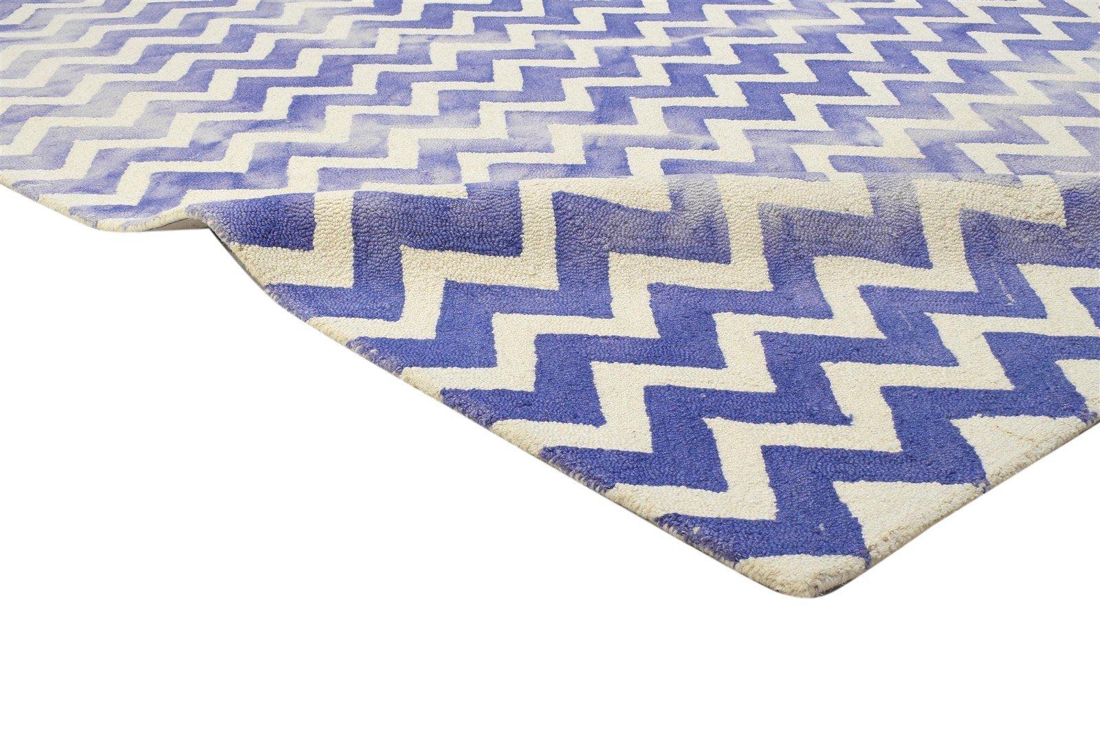 Blue Wool Rug 8' X 10' Modern Hand Tufted Scandinavian Chevron Large Carpet 