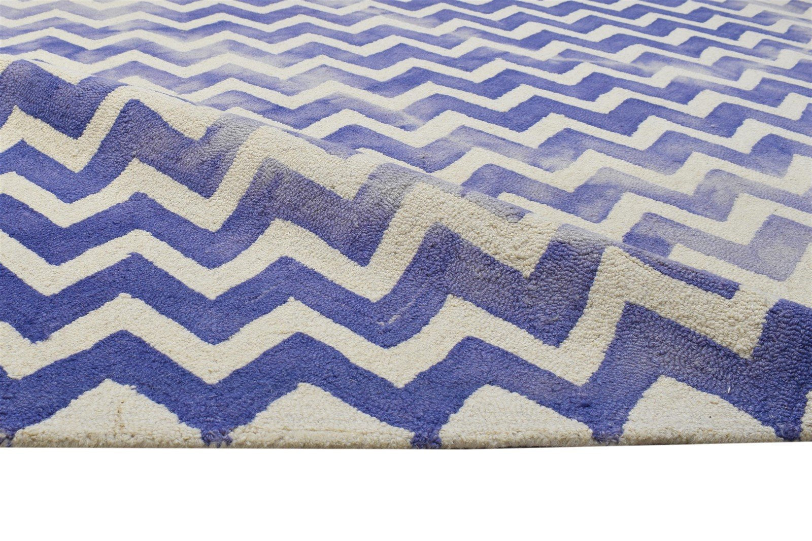 Blue Wool Rug 8' X 10' Modern Hand Tufted Scandinavian Chevron Large Carpet 