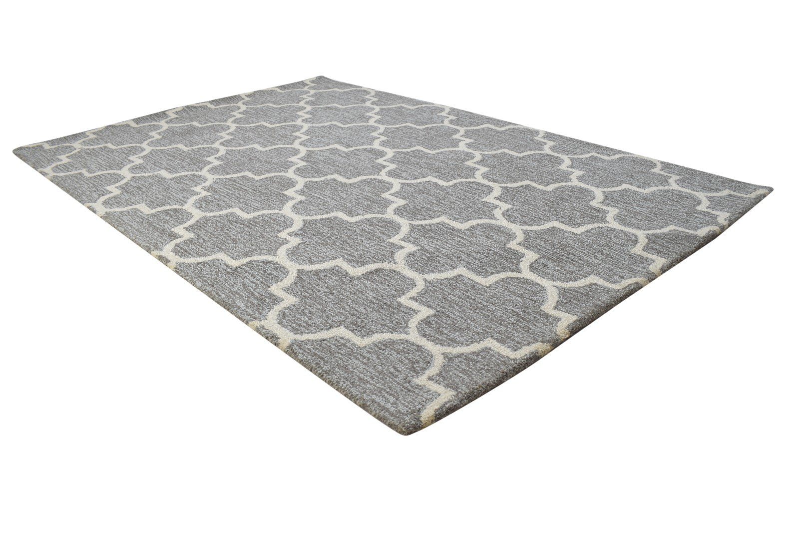 Grey Wool Rug 4' X 6' Modern Hand Tufted Moroccan Trellis Room Size Carpet 