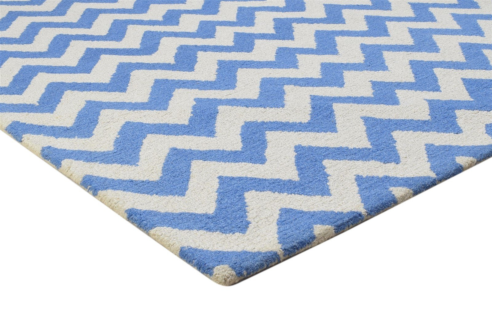 Wool Blue Rug 4' X 6' Modern Hand Tufted Scandinavian Chevron Room Size Carpet 